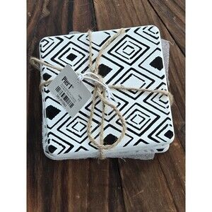 Pier 1  set of 4 square ceramic coasters, bold black & white geometric pattern